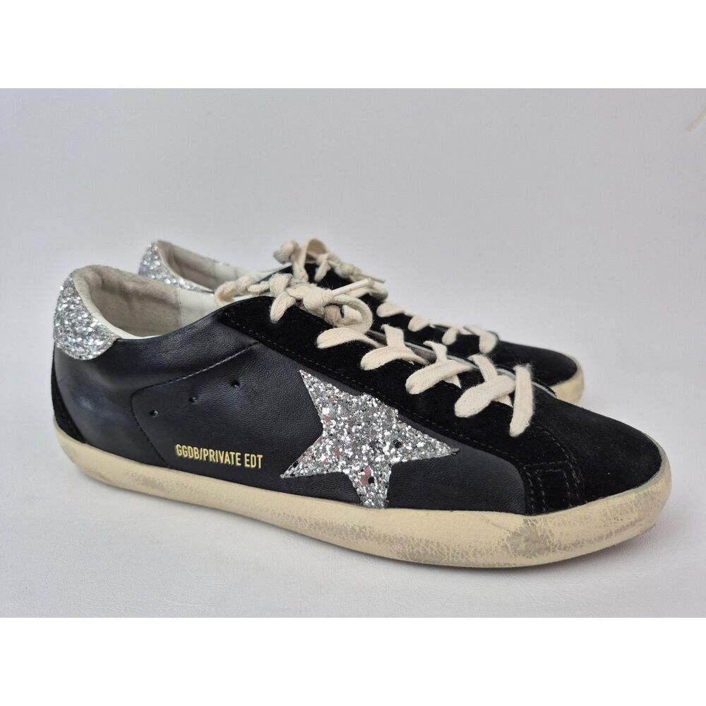 Golden Goose Women's Black Leather Super-Star Silver Glitter Low Sneaker Size 39